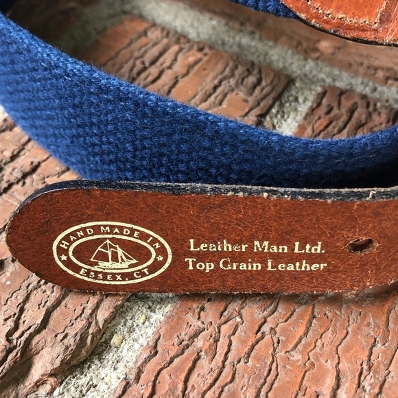 Leather Man Tarpon Fish Blue Ribbon Tan Canvas Belt Brown Leather Tabs Size 36 - Picture 7 of 8
